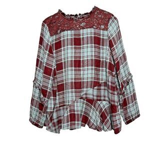 LOGO Lavish by Lori Goldstein Woven Plaid Blouse with Lace‎ Detail Dark Rose M